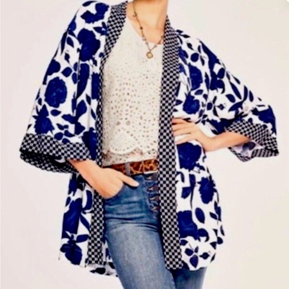 CAbi Blue & White Floral Kimono, Open Front Cardigan with Checker Trim, Size M/L